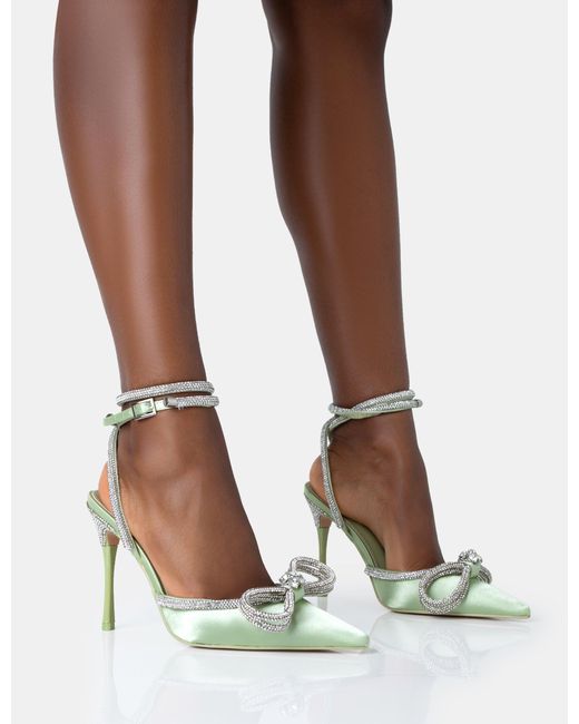 Public Desire Brown Midnight Sage Satin Wrap Around Diamante Bow Pointed Toe High Heels