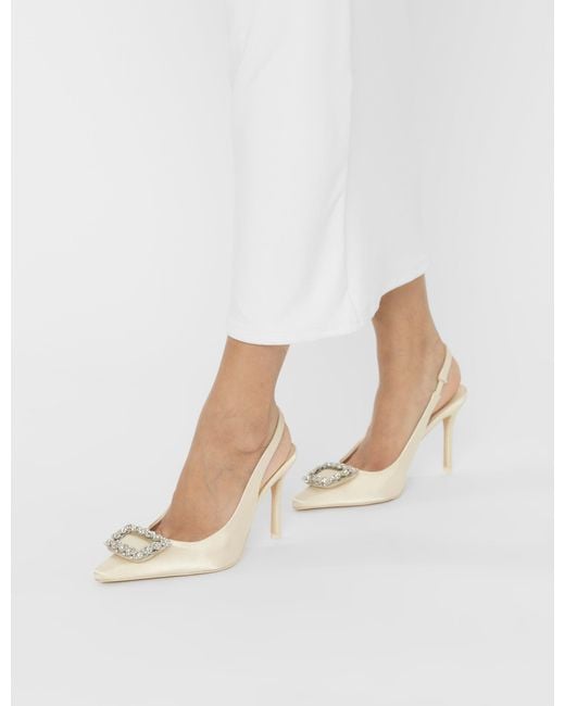 Public Desire White Flint Ivory Satin Brooch Slingback High Heels