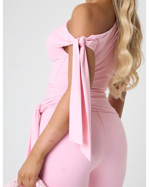 Public Desire Knot Detail Asymmetric One Shoulder Luxe Slinky Top Soft Pink