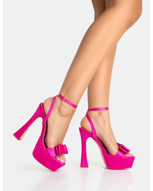 Public Desire Dreamer Hot Pink Satin Extreme Bow Ankle Strap Platform Square Toe Flared Stiletto Heels