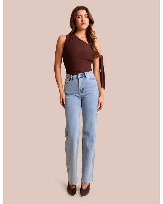 Public Desire Clear Diamante Straight Fit High Rise Denim Blue Jeans
