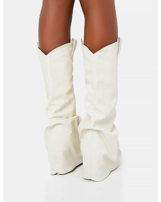 Public Desire Sheriff White Pu Western Inspired Fold Over Pointed Toe Block Heeled Cowboy Knee High Boots