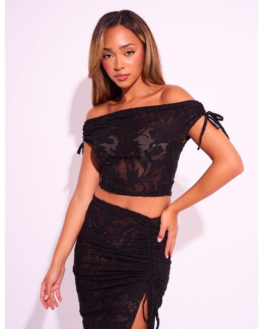 Public Desire Tie Detail Textured Floral Bardot Top Black
