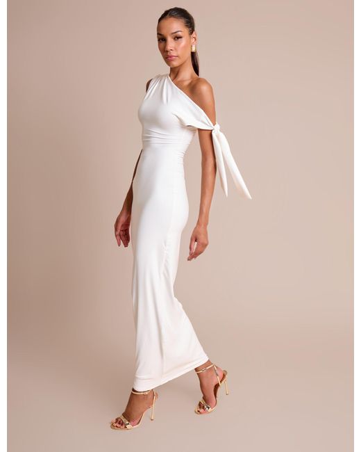 Public Desire Knot Detail Asymmetric One Shoulder Luxe Slinky Maxi Dress White