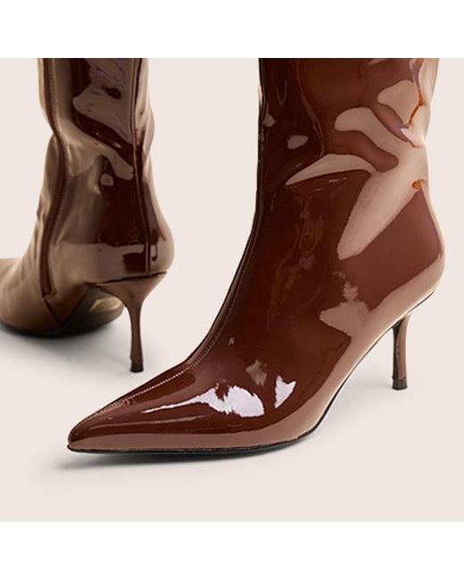 Public Desire Red Amped Chocolate Patent Pointed Toe Mid Heel Knee High Boots