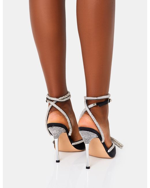 Public Desire Multicolor Midnight Black Glitter Wrap Around Diamante Bow Pointed Toe High Heel