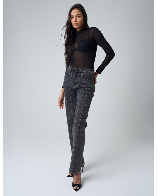 Public Desire Multicolor Embellished Straight Leg High Waisted Jeans Black