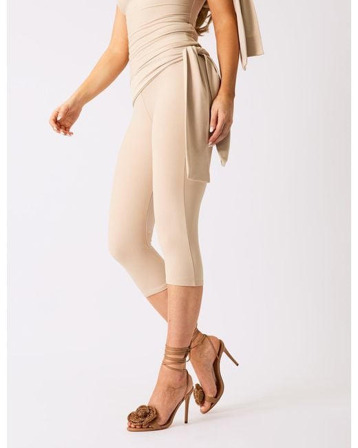 Public Desire Natural Knot Detail Tie Side Luxe Slinky Capri Pants Stone