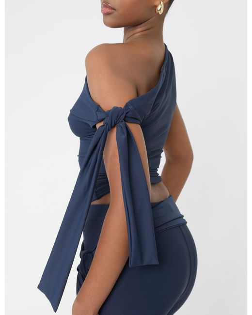 Public Desire Blue Knot Detail Asymmetric One Shoulder Luxe Slinky Top Navy