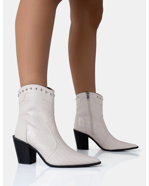 Public Desire White Riley Ecru Croc Metal Studded Detail Western Cowboy Block Ankle Boots