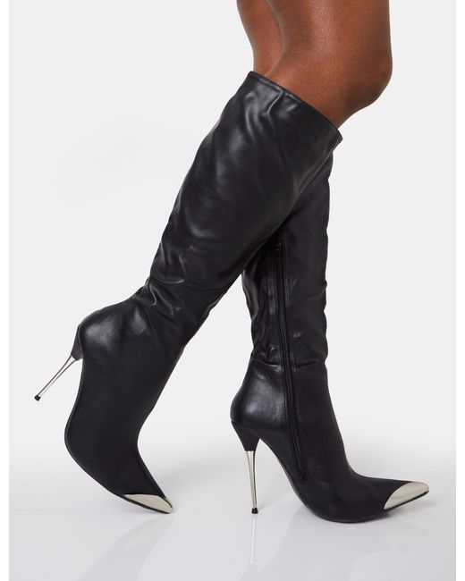 Public Desire Finery Black Pu Metal Toe Capped Zip Up Knee High Stiletto Boots