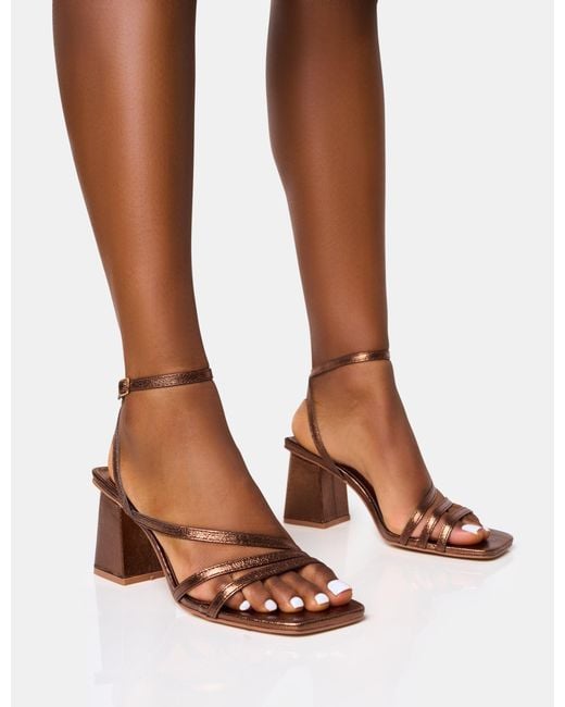 Public Desire Brown Robin Bronze Strappy Square Toe Mid Block Heels