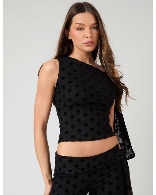 Public Desire Knot Detail Asymmetric One Shoulder Polka Dot Devore Top Black