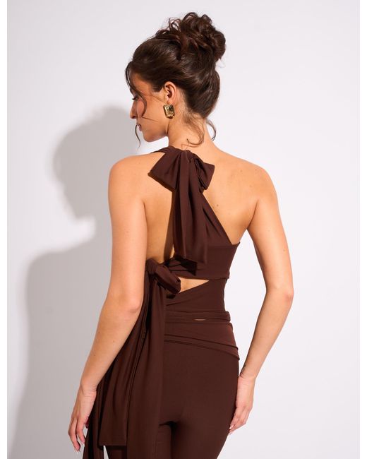 Public Desire Red Tie Back Luxe Slinky One Shoulder Top Chocolate