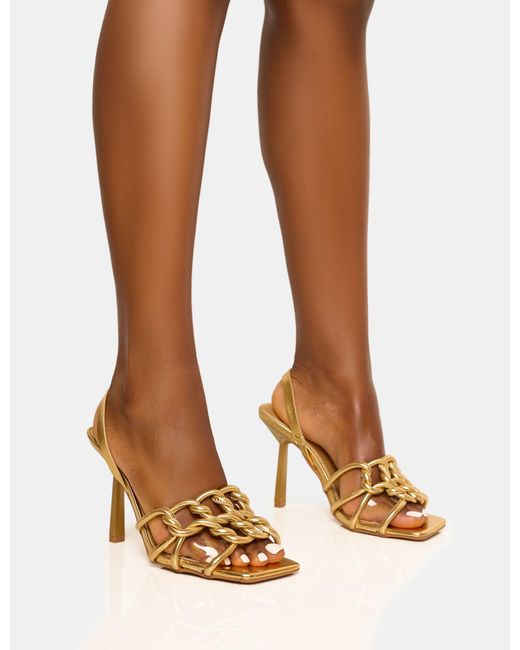 Public Desire Brown Rayne Gold Knotted Upper Slingback Square Toe Heels