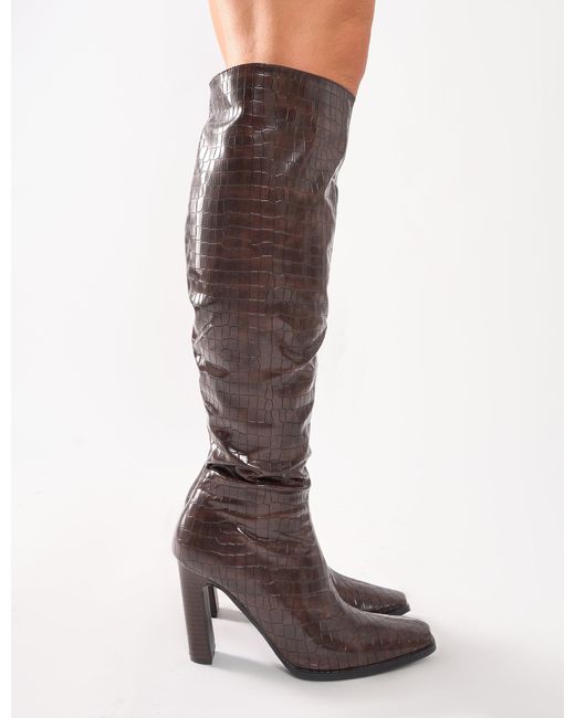 Public Desire Multicolor Acquilla Brown Croc Knee High Flared Heel Boots