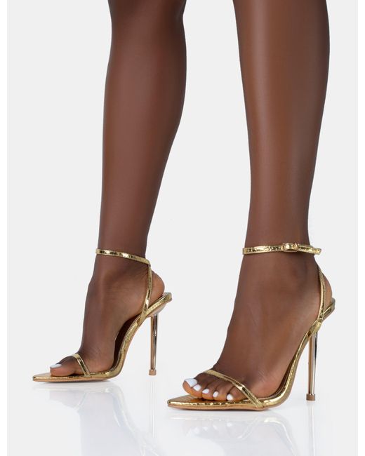 Public Desire Brown Legacy Gold Croc Barely There Pointed Toe Gold Stiletto Heels