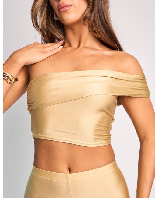 Public Desire Natural One Shoulder Fold Over Crop Top Co Ord Gold