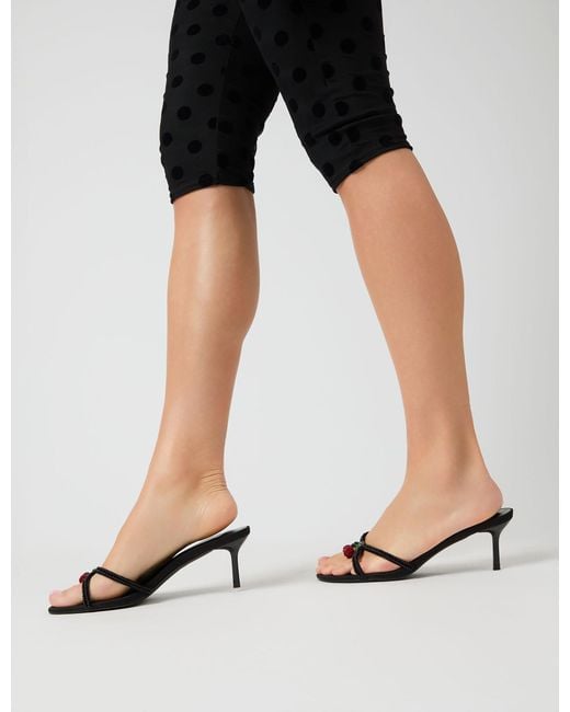 Public Desire Fructose Black Satin Beaded Cherry Charm Cross Over Mule Mid Heels