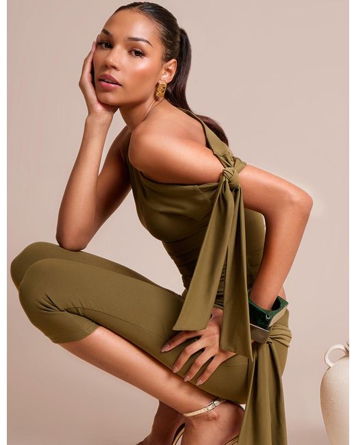 Public Desire Multicolor Knot Detail Tie Side Luxe Slinky Capri Pants Khaki