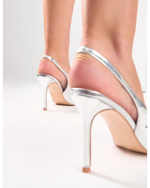 Public Desire White Floss Mirror Silver Diamante Embellished Sling Back Court Heels