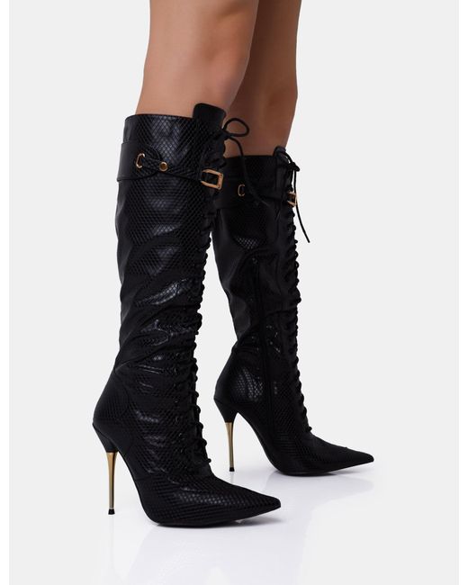 Public Desire White Infatuated Black Croc Lace Up Buckle Feature Stiletto Knee High Boots