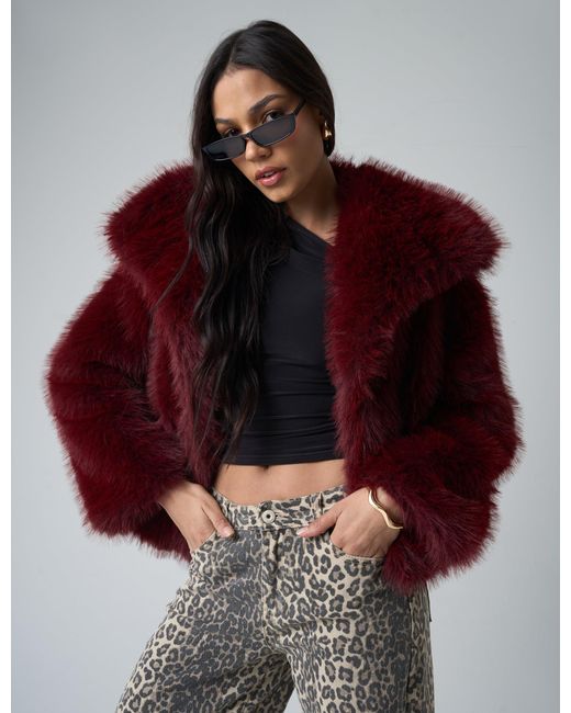 Public Desire Red Short Faux Fur Jacket Burgundy