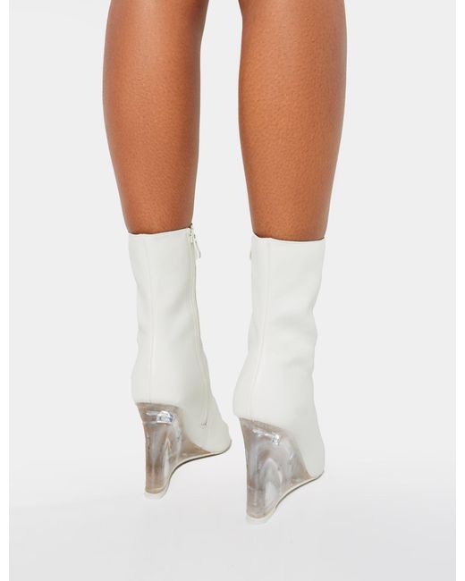 Public Desire Ohio White Pu Perspex Wedge Pointed Toe Ankle Boots