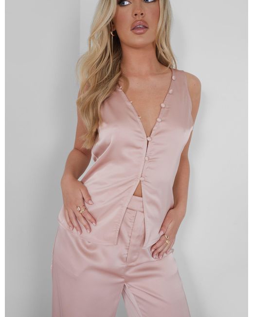 Public Desire Button Detail Satin Waistcoat Top Pink