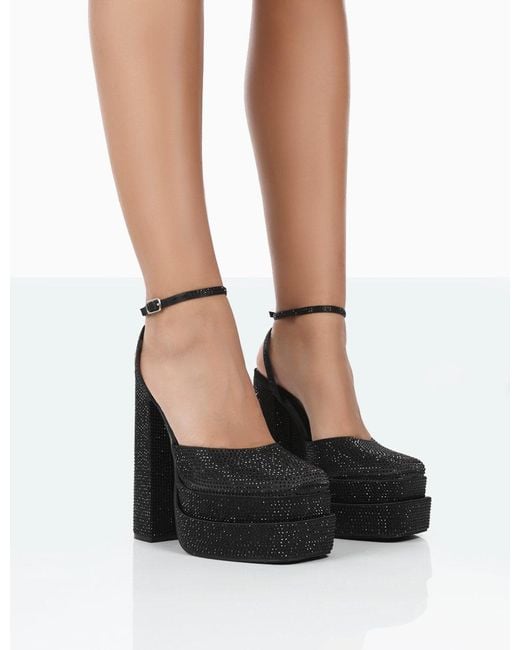 Public Desire Moonchild Black Sparkly Diamanté Satin Closed Toe Platform Block Heels