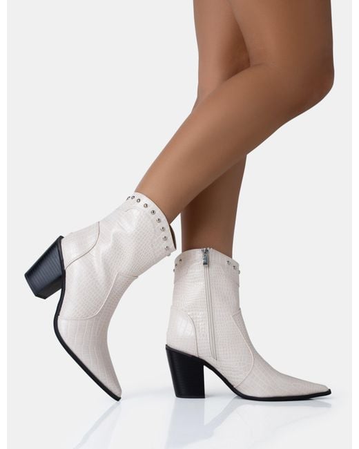 Public Desire White Riley Ecru Croc Metal Studded Detail Western Cowboy Block Ankle Boots