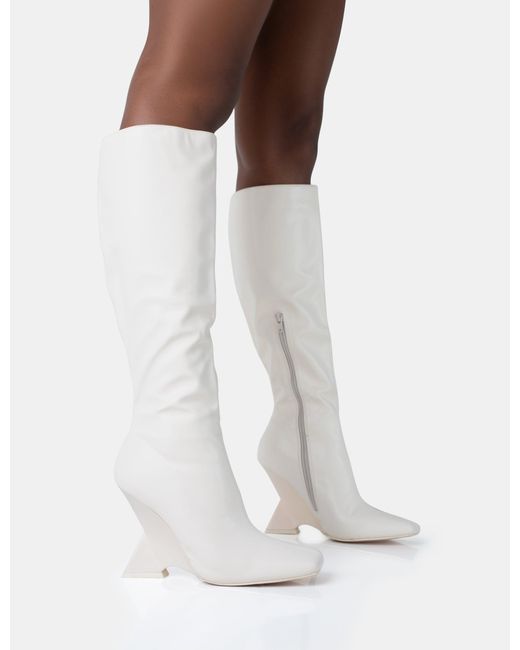 Public Desire White Vanessa Ecru Pu Inverted Wedge Square Toe Heeled Knee High Boots