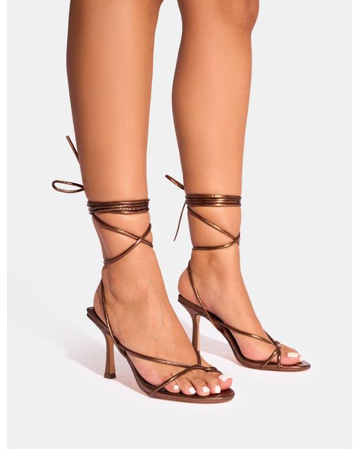 Public Desire White Cameron Bronze Metallic Strappy Toe Post Mid Heels