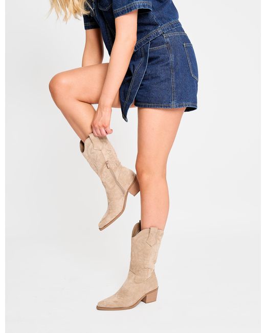 Public Desire Natural Sandy Beige Suedette Western Cowboy Ankle Boots