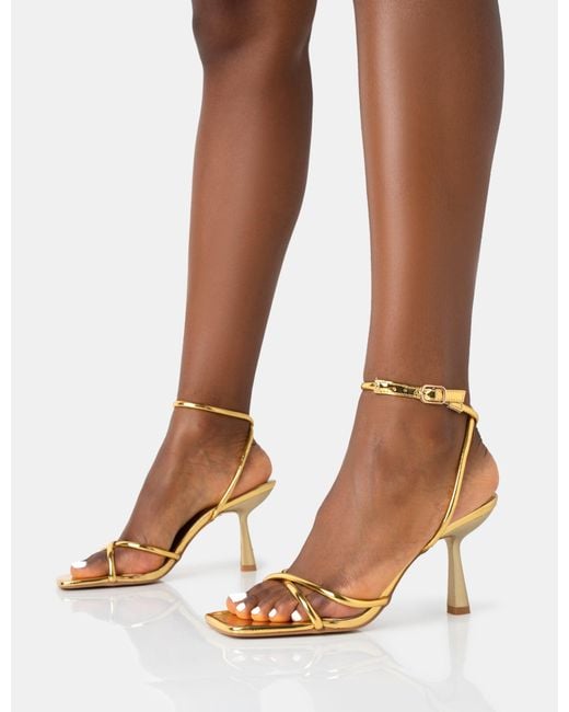 Public Desire Brown Bree Gold Pu Barely There Square Toe Mid Stiletto Heels
