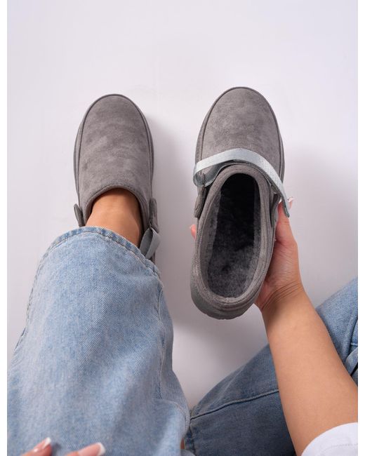 Public Desire Blue Goldie Grey Faux Fur Lined Mules