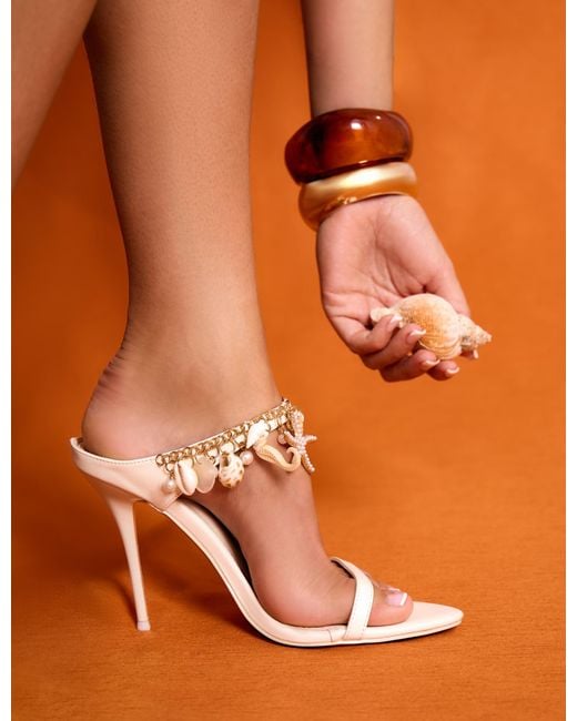 Public Desire White Shellie Cream Pu Under The Sea Trim Double Strap Mule Stiletto High Heels