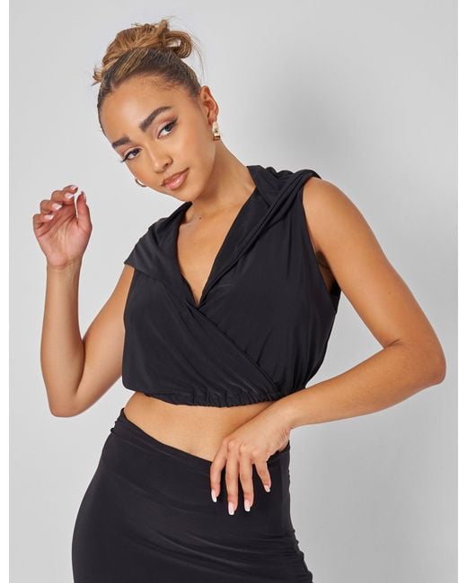 Public Desire Sleeveless Wrap Front Top With Hood Black