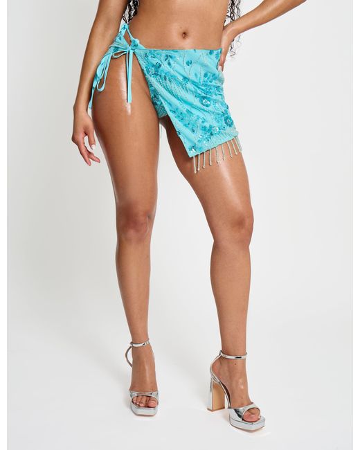 Public Desire Beaded Embellished Bikini Cover Up Skirt Blue