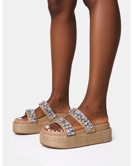 Public Desire Brown Duchess Natural Raffia Double Strap Embellished Platform Slider Sandals