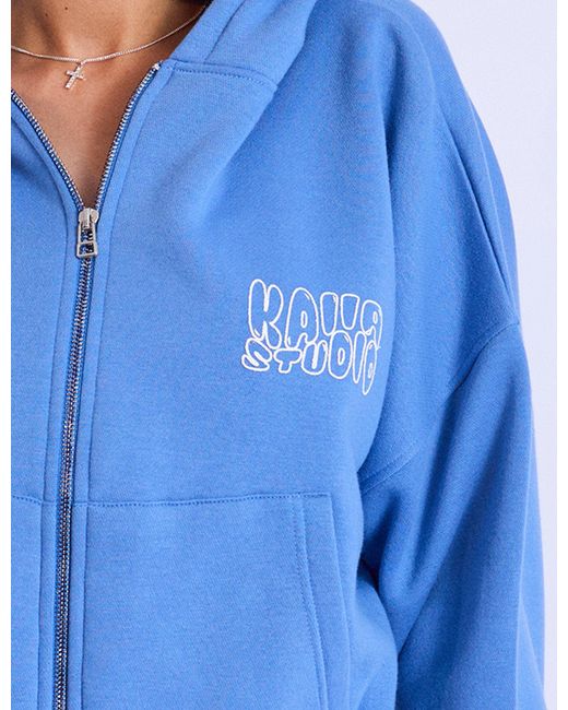 Public Desire Kaiia Studio Cropped Oversized Zip Up Hoodie Blue