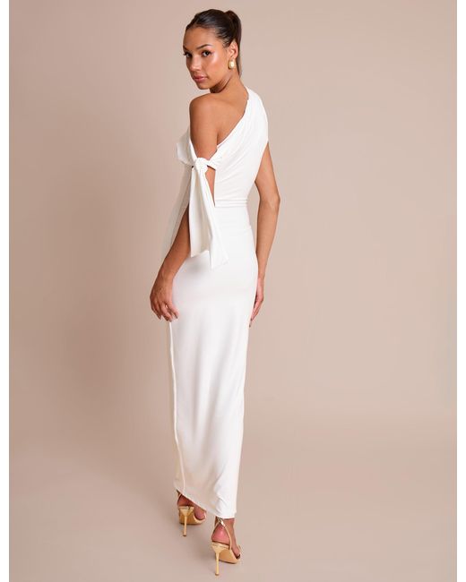 Public Desire Knot Detail Asymmetric One Shoulder Luxe Slinky Maxi Dress White