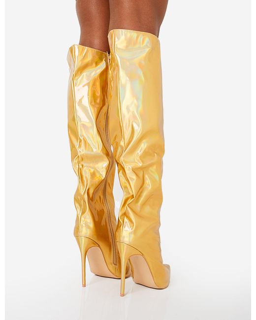 Public Desire Tai Wide Fit Gold Metallic Pointed Toe Stiletto Knee High Boots