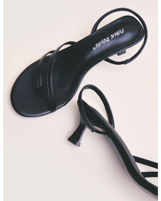 Public Desire Natural Helios Black Pu Asymmetric Toe Strap Sling Back Mid Heels