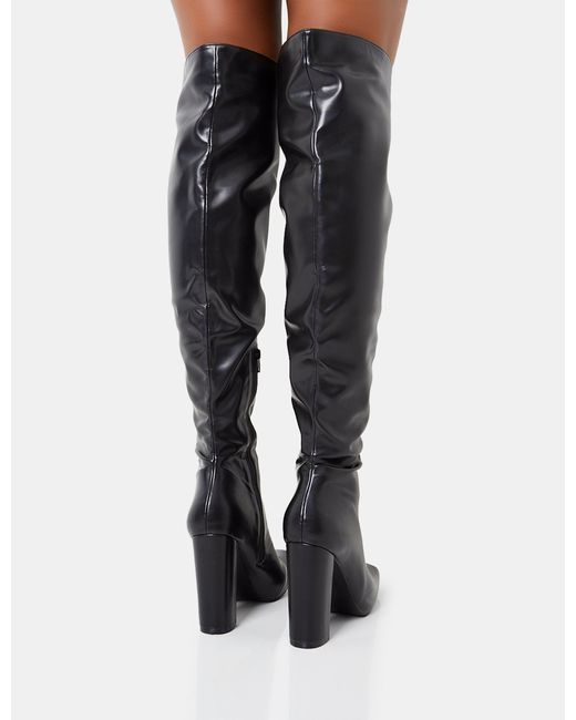 Public Desire Lasta Black Pu Rounded Square Toe Block Heeled Over The Knee Boots