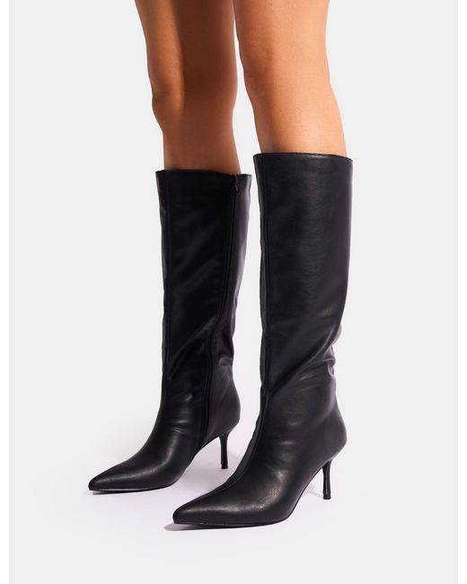 Public Desire Blue Amped Black Pointed Toe Mid Heel Knee High Boots