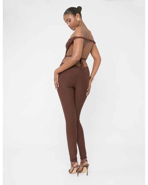 Public Desire Natural Twist Back Detail Off The Shoulder Luxe Slinky Jumpsuit Brown