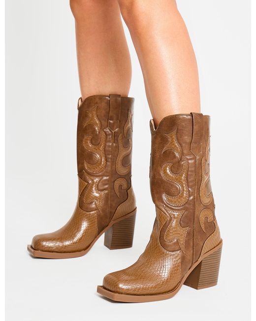 Public Desire Natural Texas Vintage Western Two Toned Block Heel Ankle Boots