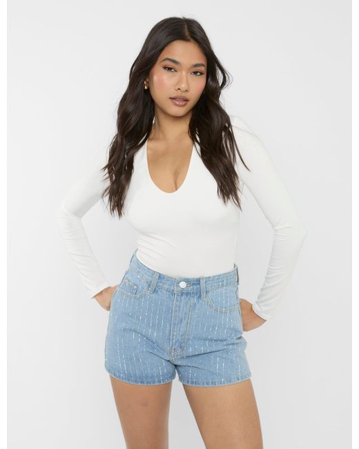 Public Desire High Waist Diamante Embellished Shorts Light Blue