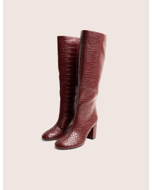 Public Desire Red Maison Burgundy Croc Pu Knee High Block Heeled Boots